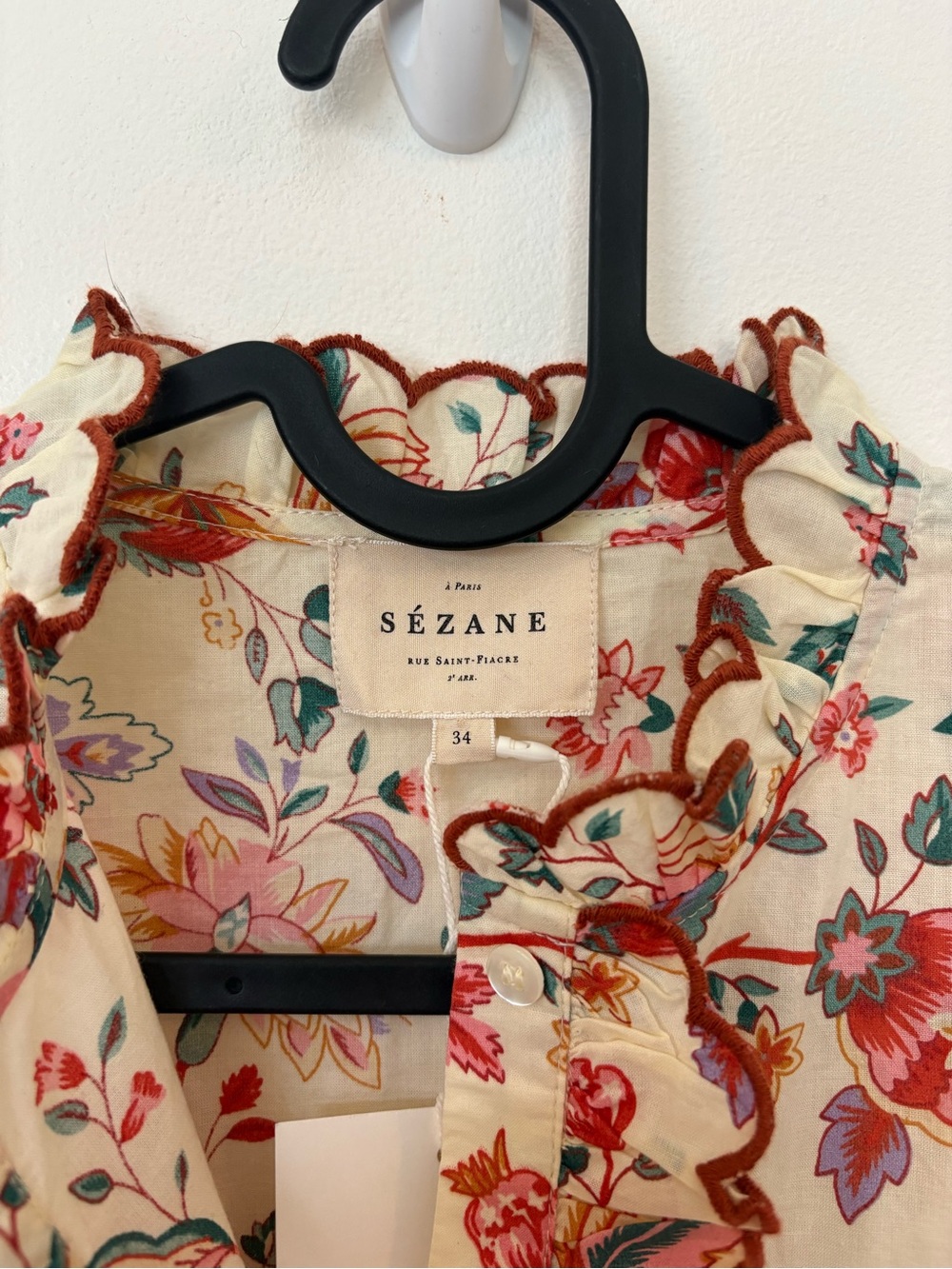 Sézane Maya Blouse Fleurs Indiennes Floral Ruffle Size 34 US 2 NWT - Picture 4 of 16